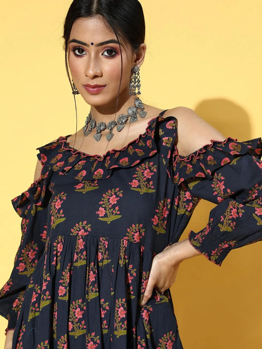 Navy Blue Floral Printed Dress