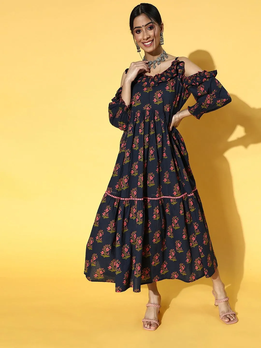 Navy Blue Floral Printed Dress