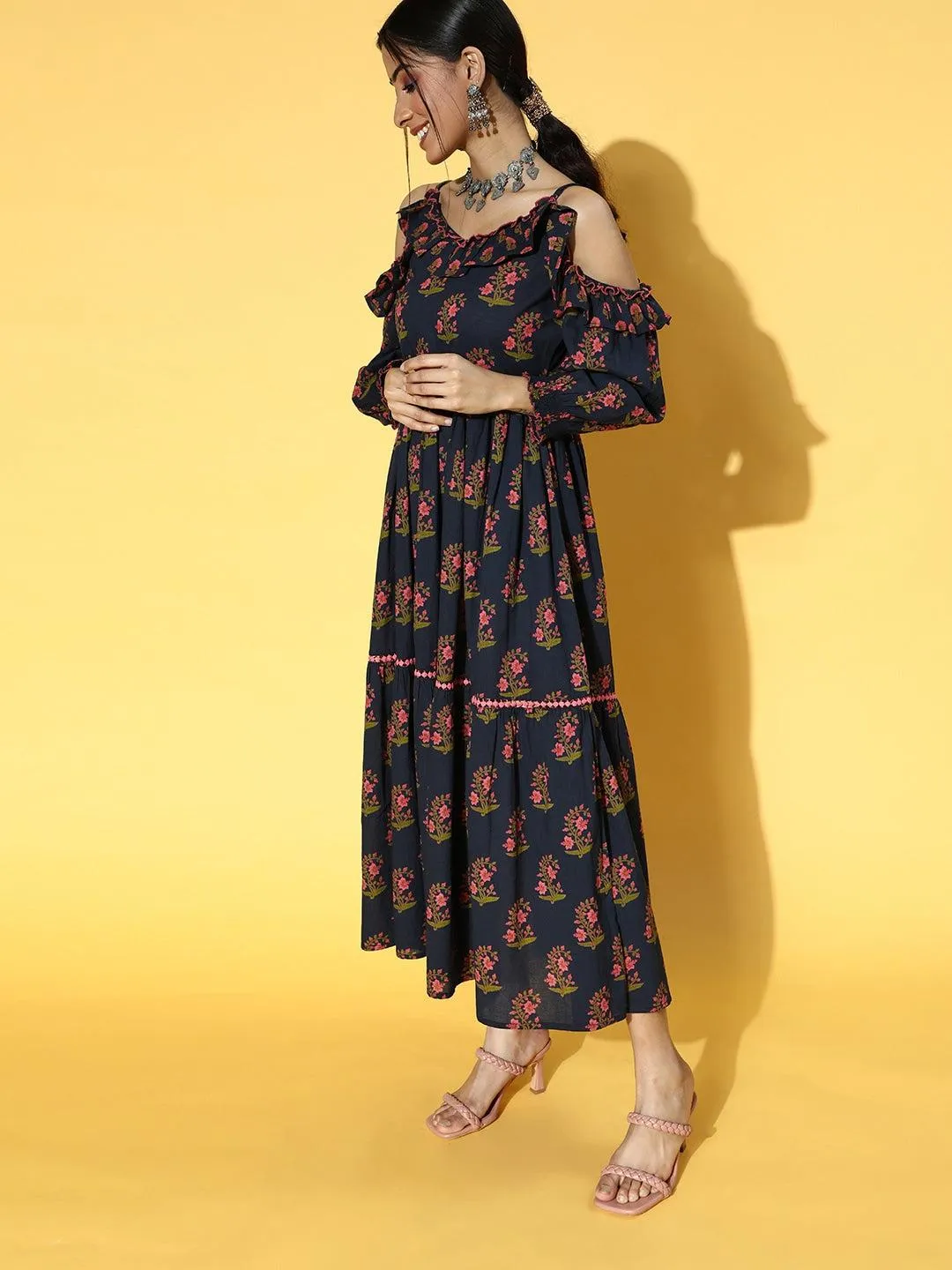 Navy Blue Floral Printed Dress