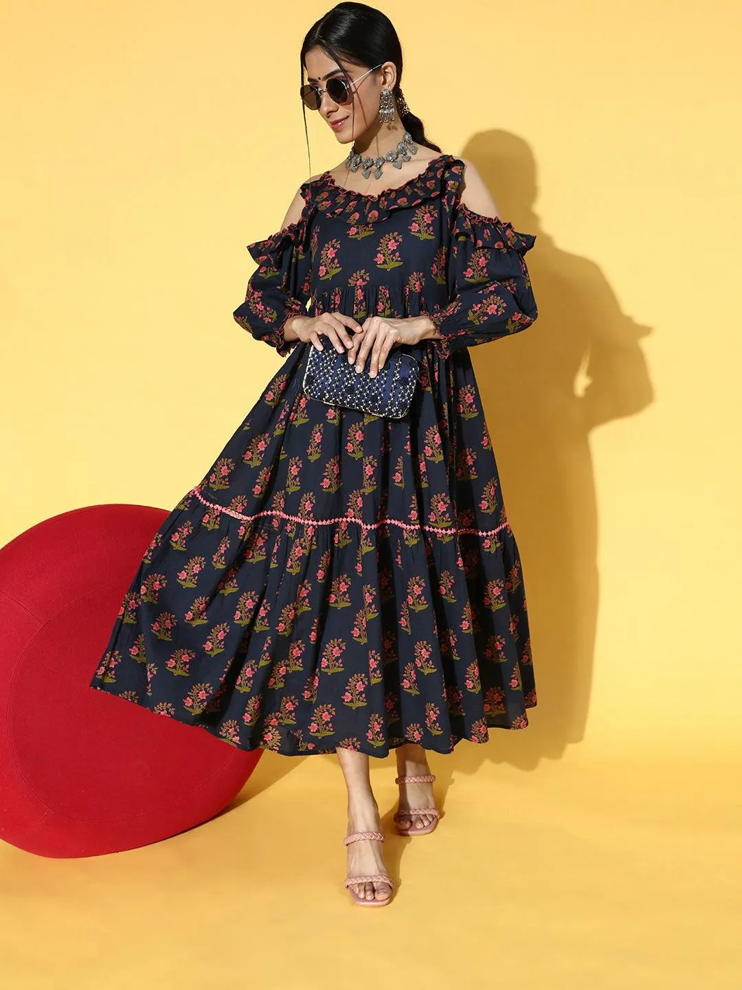 Navy Blue Floral Printed Dress