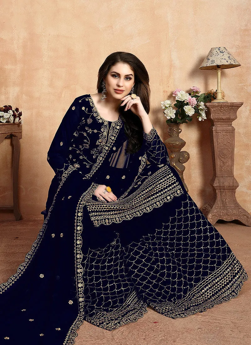 Navy Blue Golden Embroidered Designer Sharara Style Suit