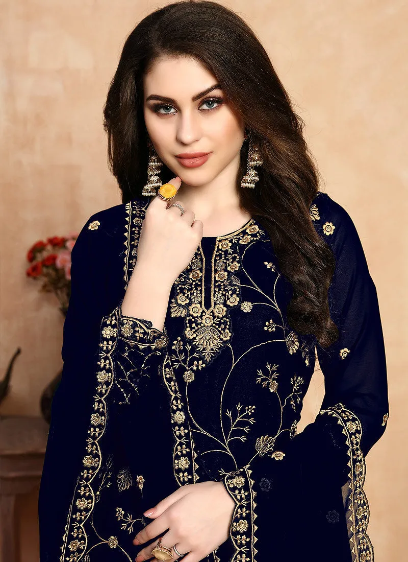 Navy Blue Golden Embroidered Designer Sharara Style Suit