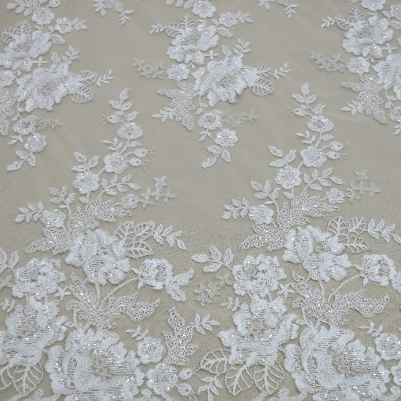 Off White Floral Embroidered Sequins Double-Scalloped Lace