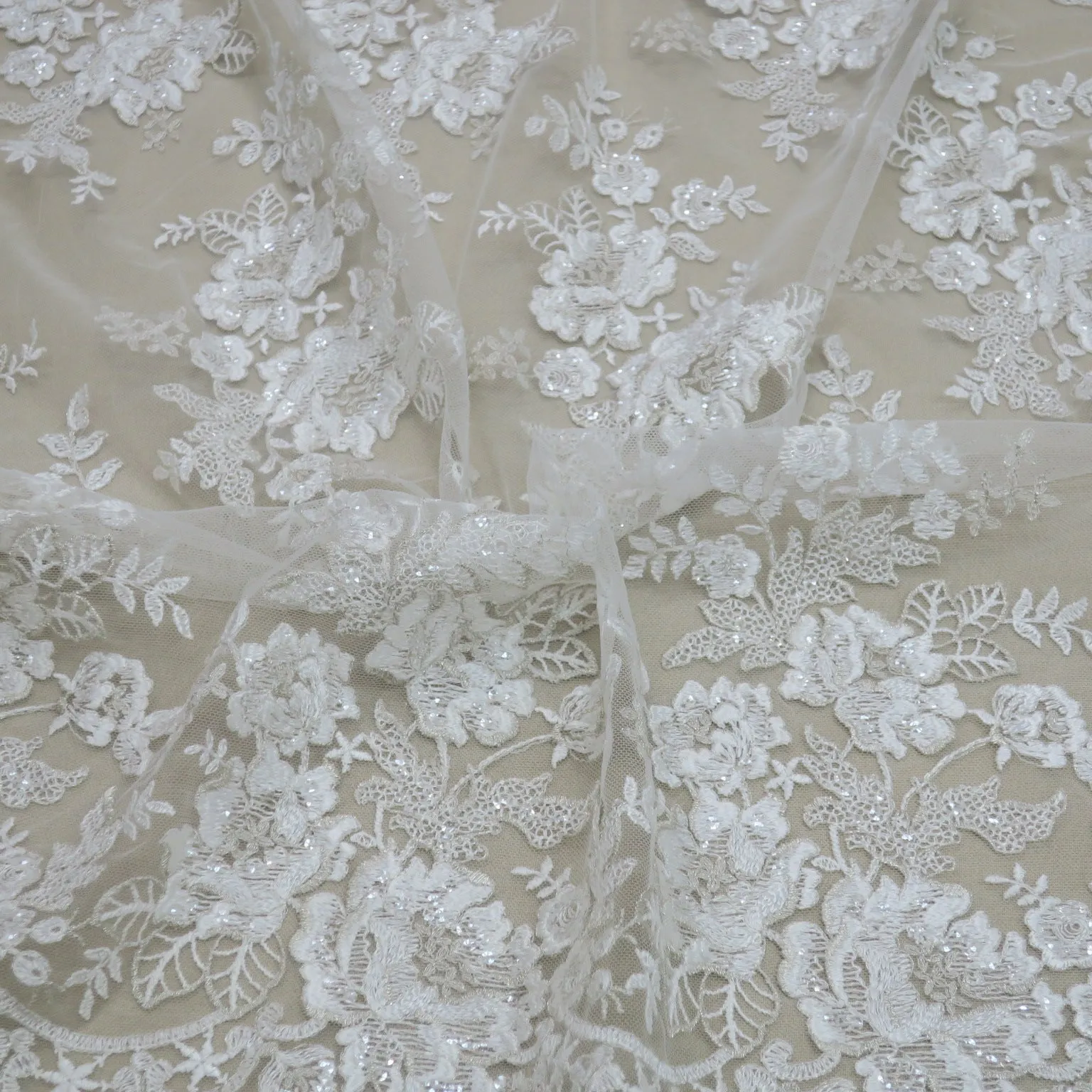 Off White Floral Embroidered Sequins Double-Scalloped Lace