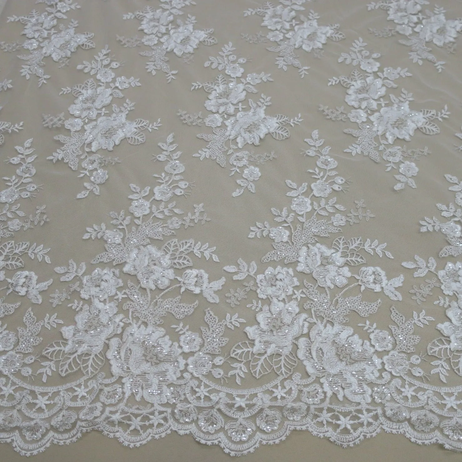 Off White Floral Embroidered Sequins Double-Scalloped Lace