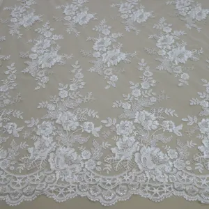 Off White Floral Embroidered Sequins Double-Scalloped Lace
