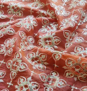 Orange Traditional Chikankari Embroidered With Sequins Work Chanderi Fabric (Wholesale)