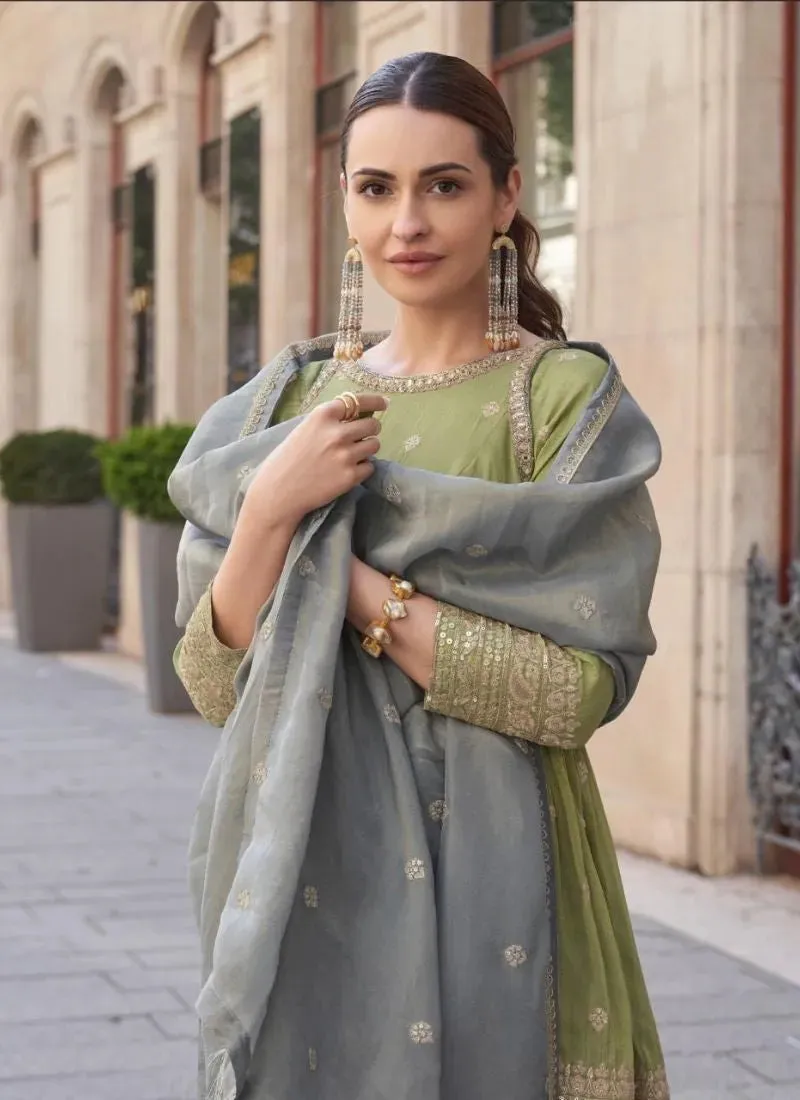 Outstanding Olive Green Embroidered Pure Shimar Sharara Suit