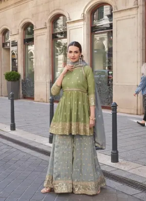 Outstanding Olive Green Embroidered Pure Shimar Sharara Suit