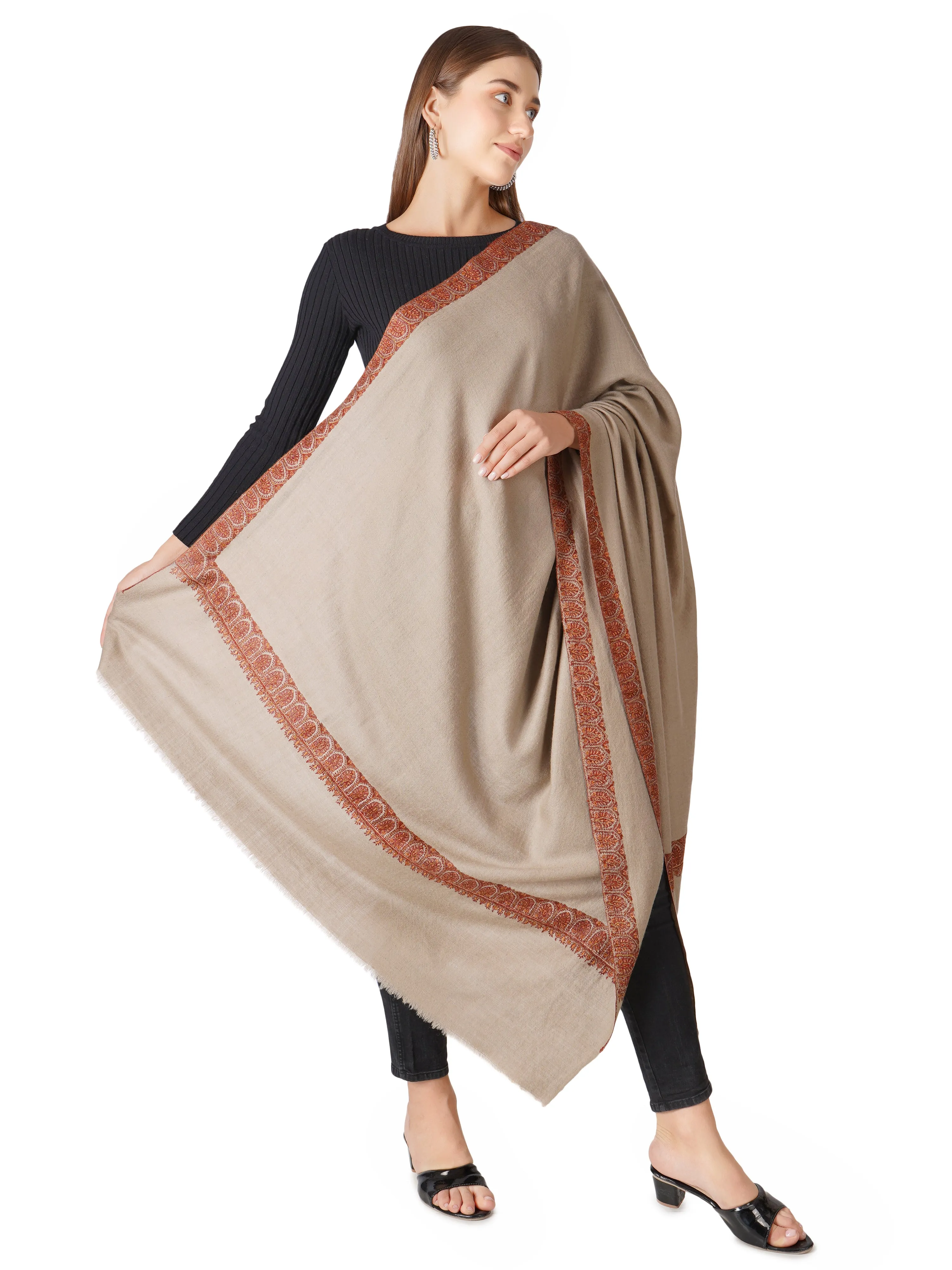 Pashwrap Kashmiri Pashmina Shawl with Border Embroidery - Natural Toosh