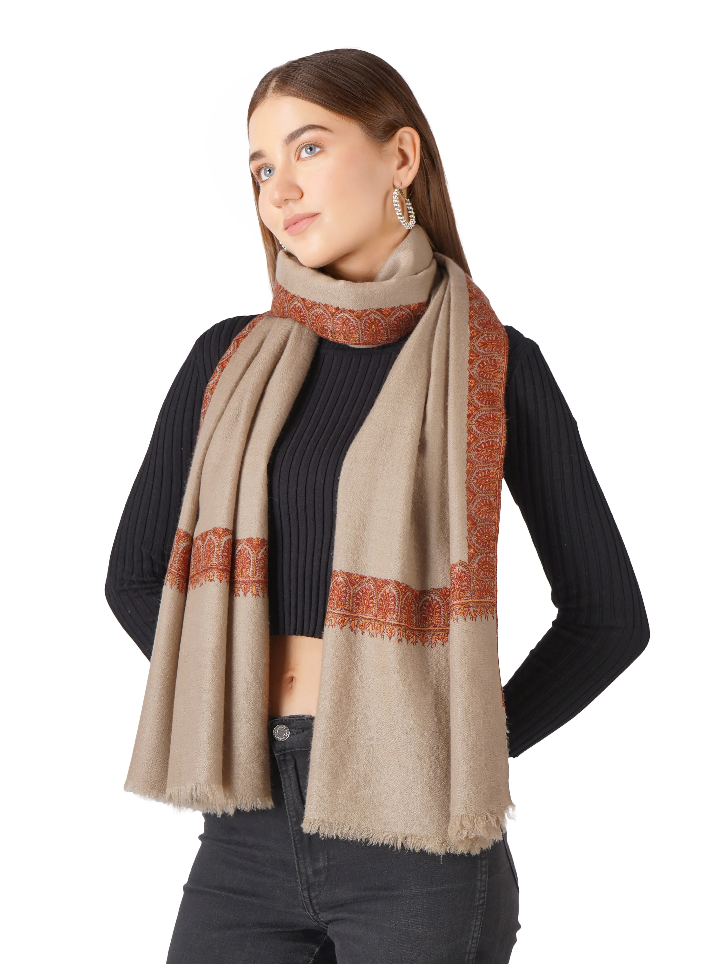 Pashwrap Kashmiri Pashmina Shawl with Border Embroidery - Natural Toosh