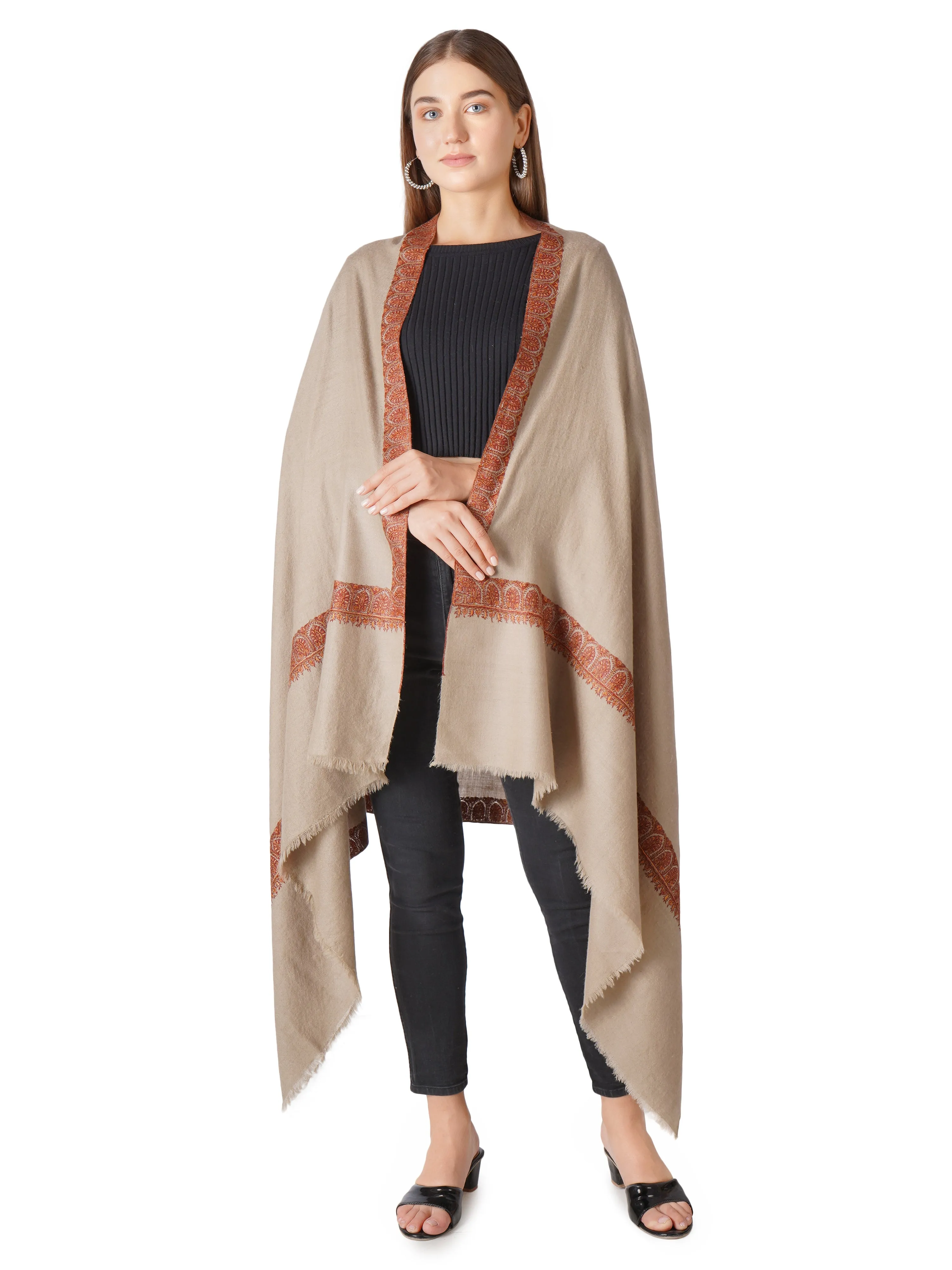 Pashwrap Kashmiri Pashmina Shawl with Border Embroidery - Natural Toosh