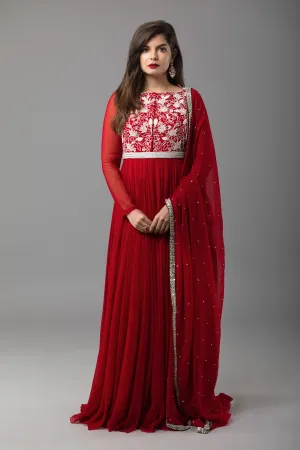 Red Embroidered Anarkali