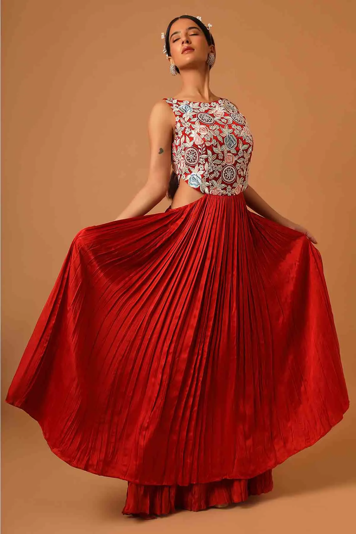 Red Layered Gathered Maxi Dress