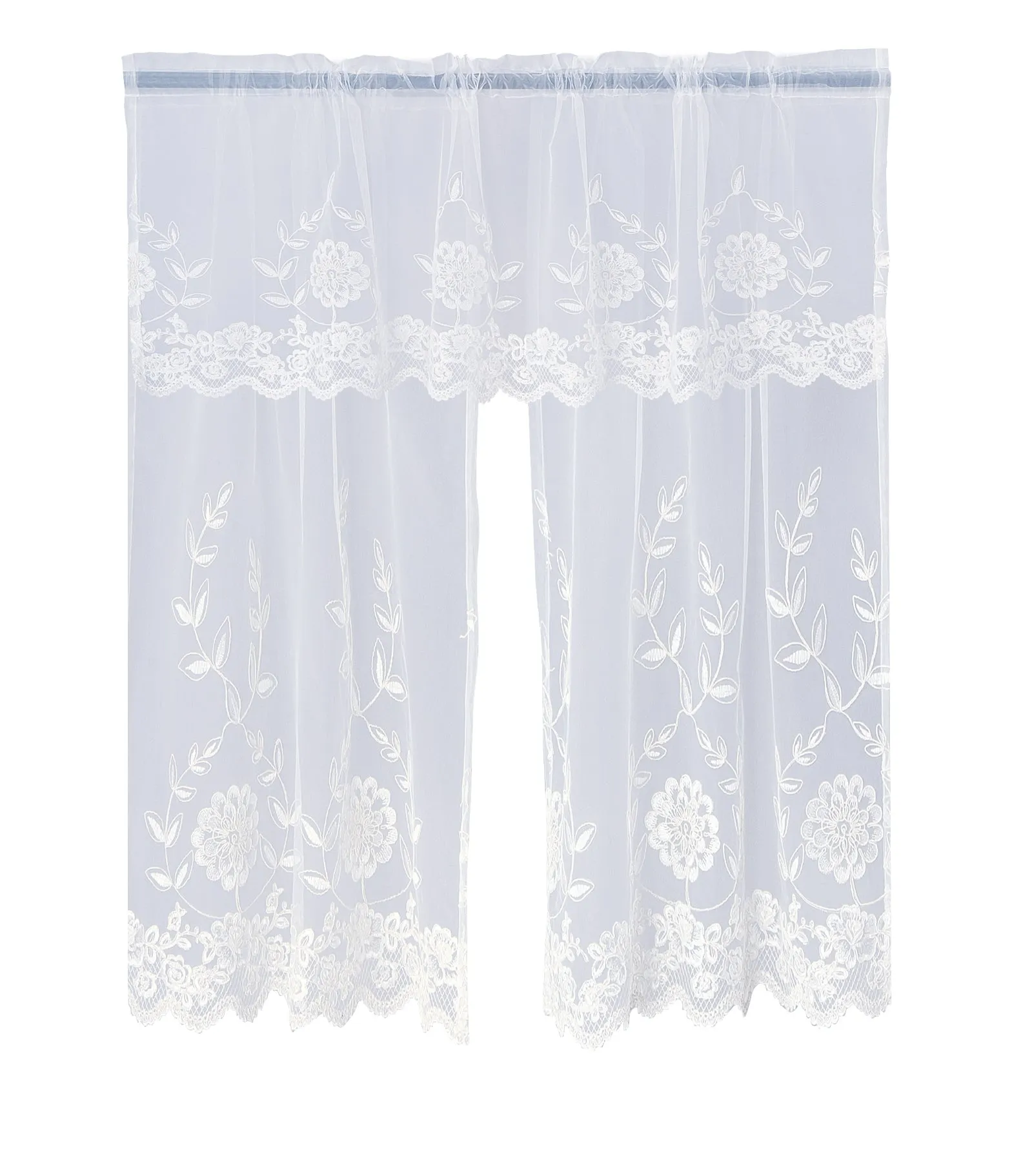 Royalty Decorative Embroidered Sheer Lace Floral Design Decorative Window Treatment Rod Pocket Kitchen Window Curtain Panel Tiers and Swag Valance