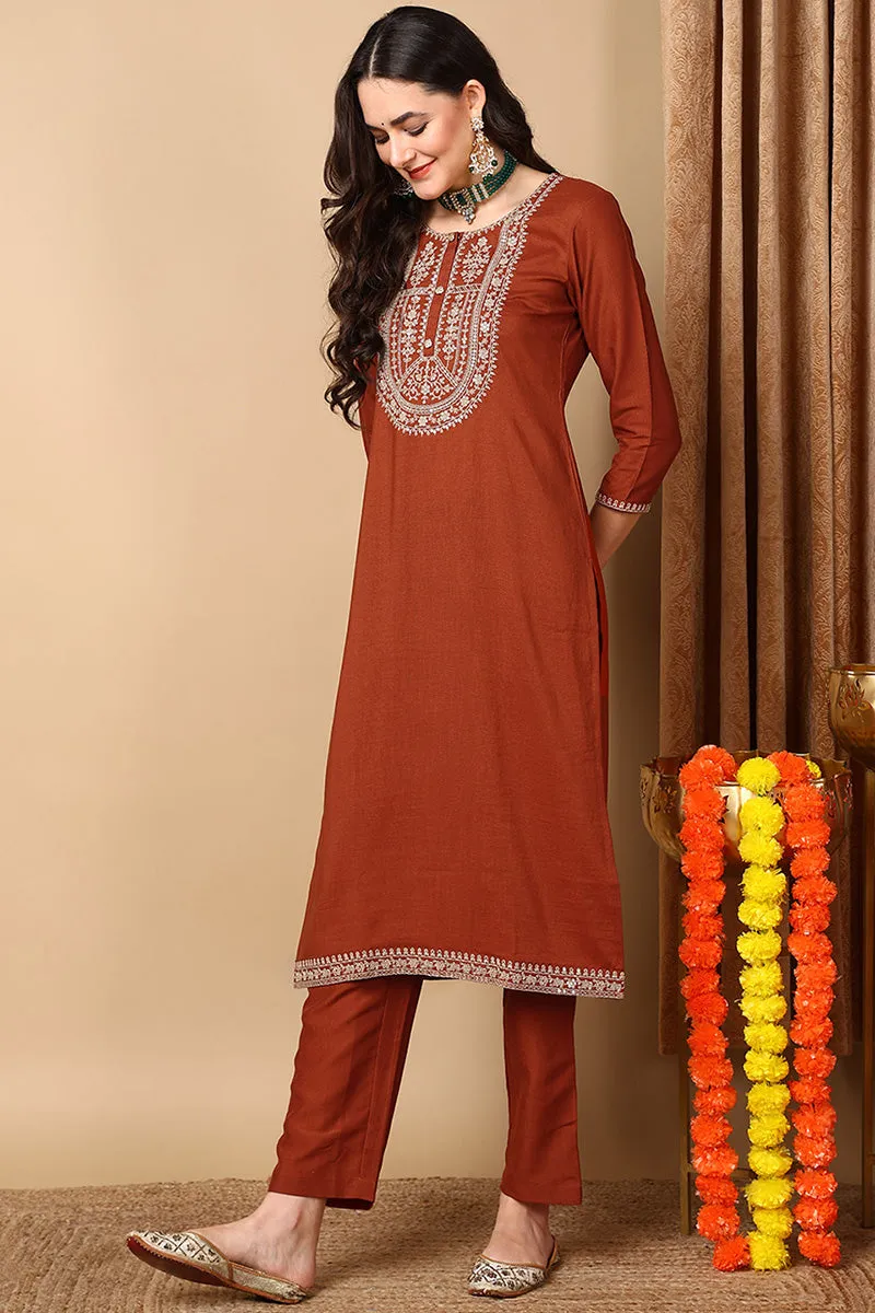 Rust Silk Blend Straight Kurta Pant With Dupatta