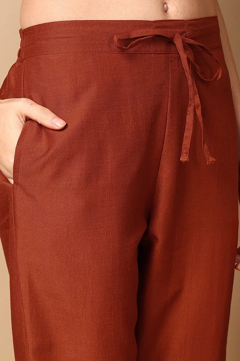 Rust Silk Blend Straight Kurta Pant With Dupatta