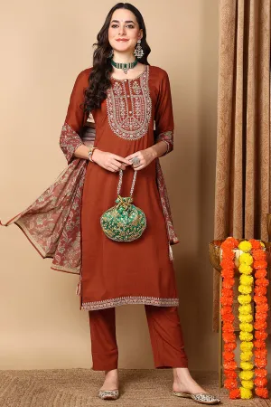 Rust Silk Blend Straight Kurta Pant With Dupatta