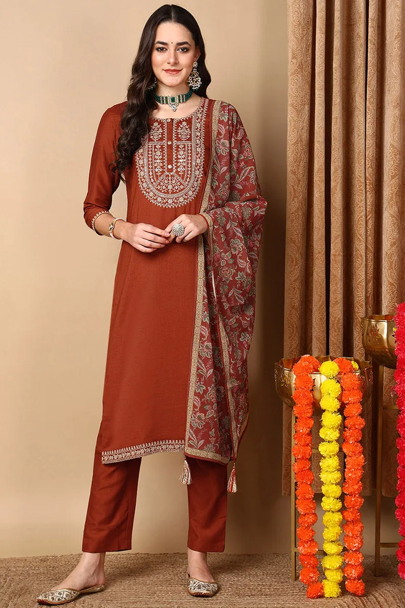 Rust Silk Blend Straight Kurta Pant With Dupatta