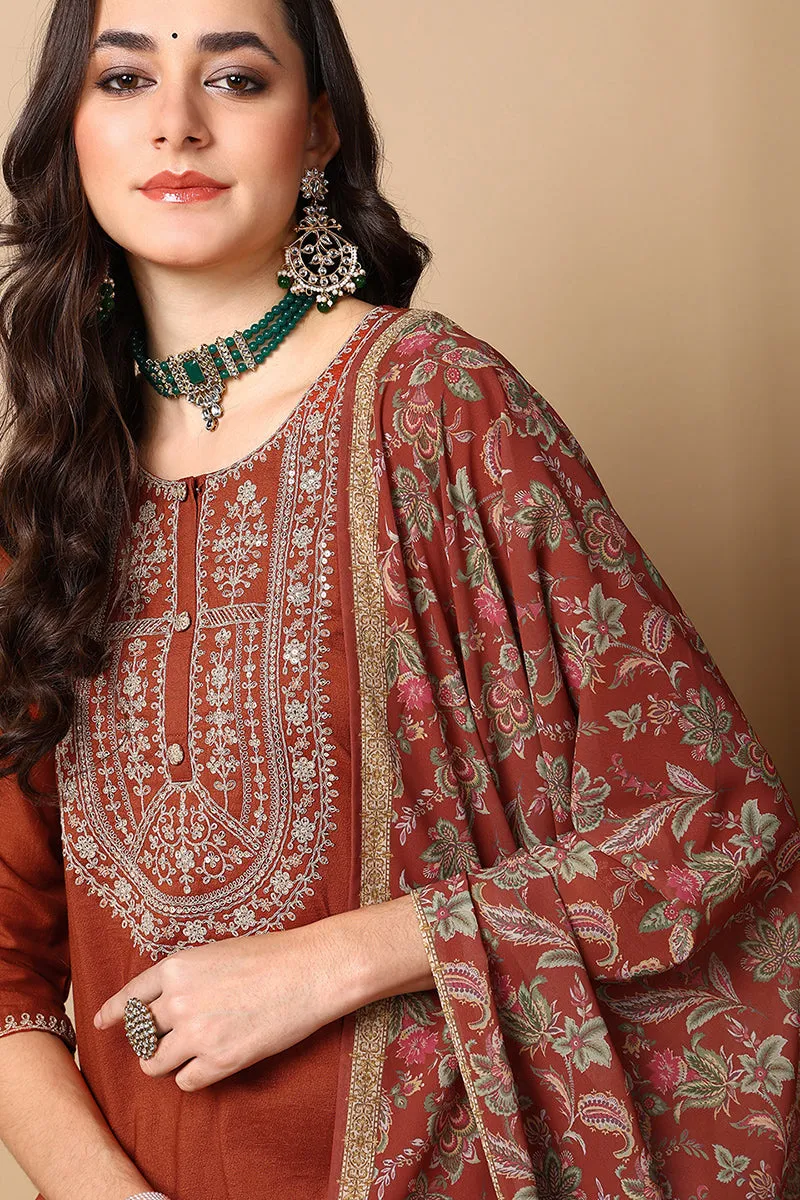 Rust Silk Blend Straight Kurta Pant With Dupatta