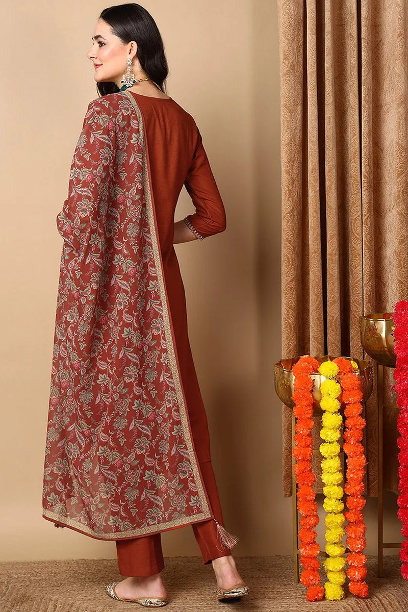 Rust Silk Blend Straight Kurta Pant With Dupatta