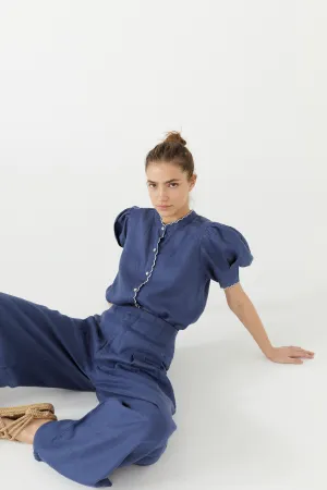 Scallop Linen Shirt - Deep Blue