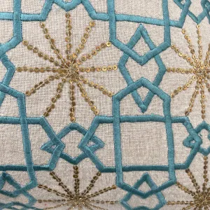 Suzani Linen Cushion Teal Silk Sitara