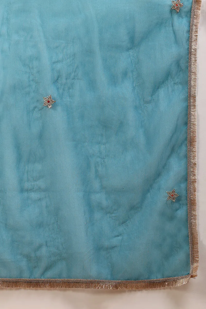 Teal Silk Blend Solid Embroidered Flared Empire Suit Set
