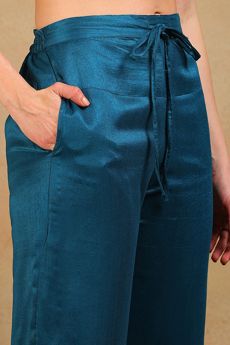 Teal Silk Blend Solid Embroidered Flared Empire Suit Set