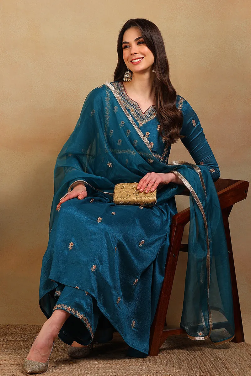 Teal Silk Blend Solid Embroidered Flared Empire Suit Set