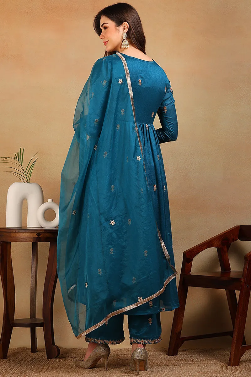 Teal Silk Blend Solid Embroidered Flared Empire Suit Set