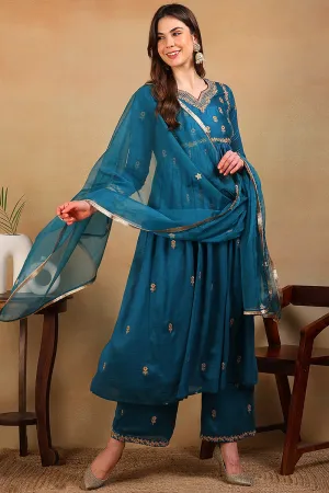 Teal Silk Blend Solid Embroidered Flared Empire Suit Set