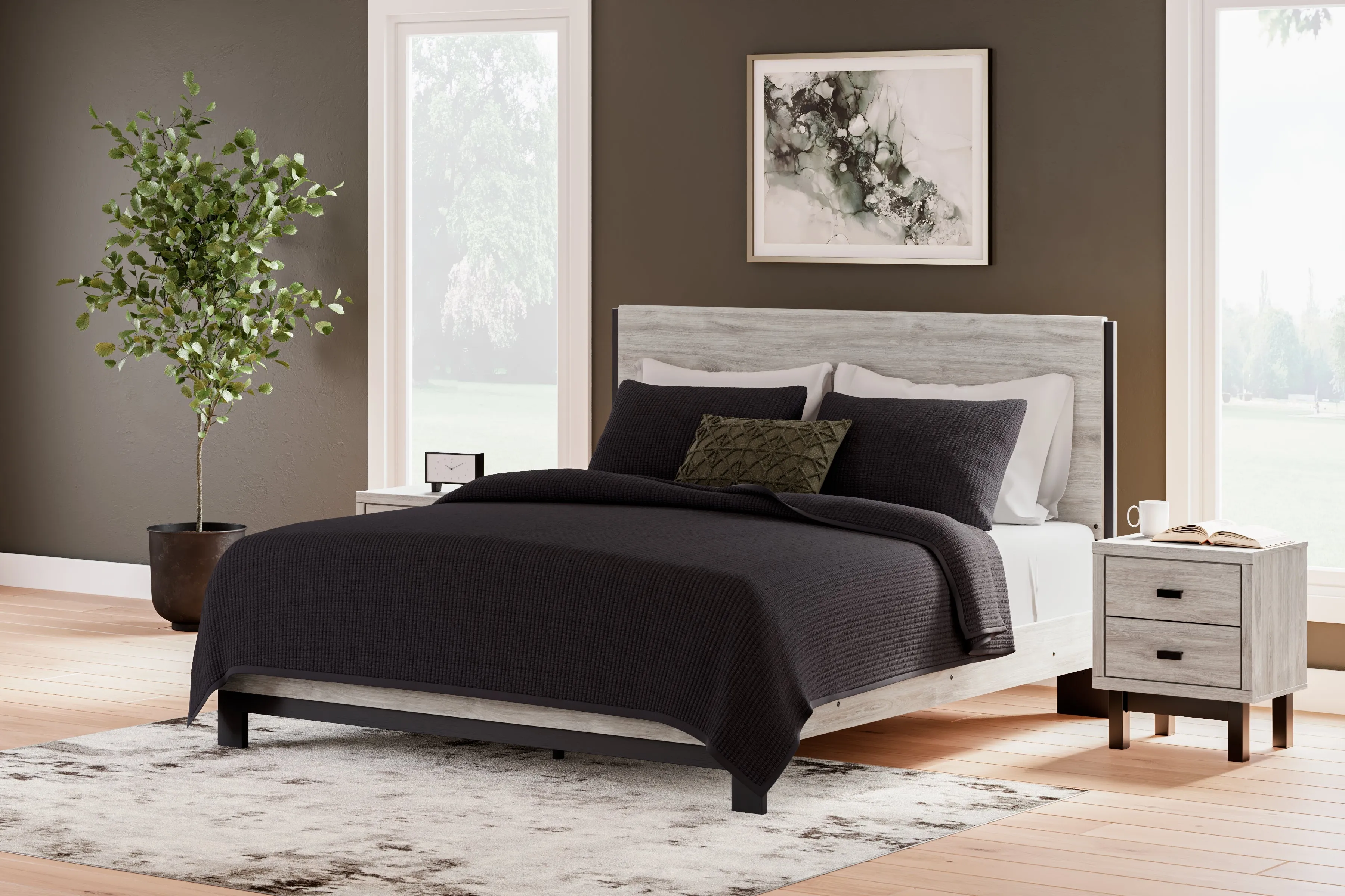 Vessalli King Panel Bed with Mirrored Dresser and 2 Nightstands in Gray