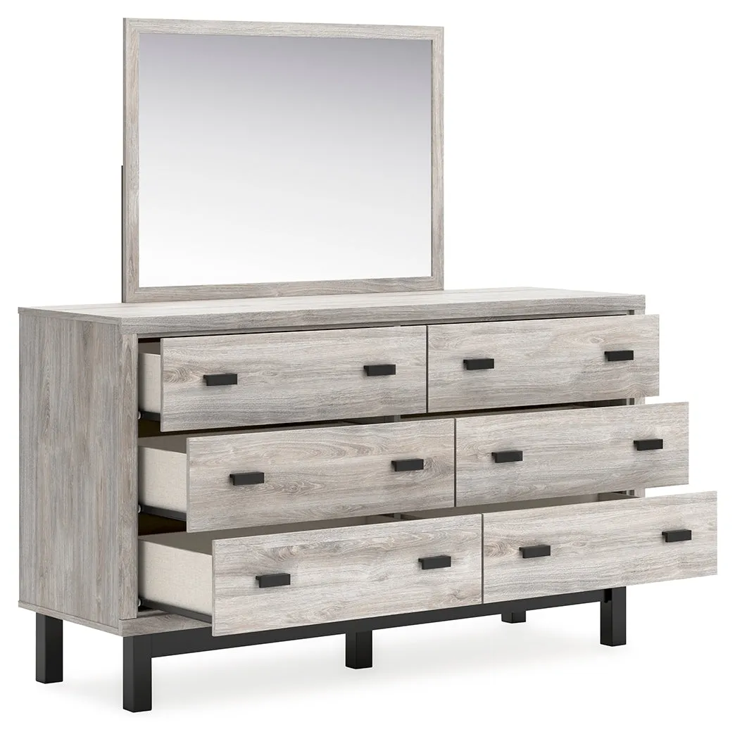 Vessalli King Panel Bed with Mirrored Dresser and 2 Nightstands in Gray