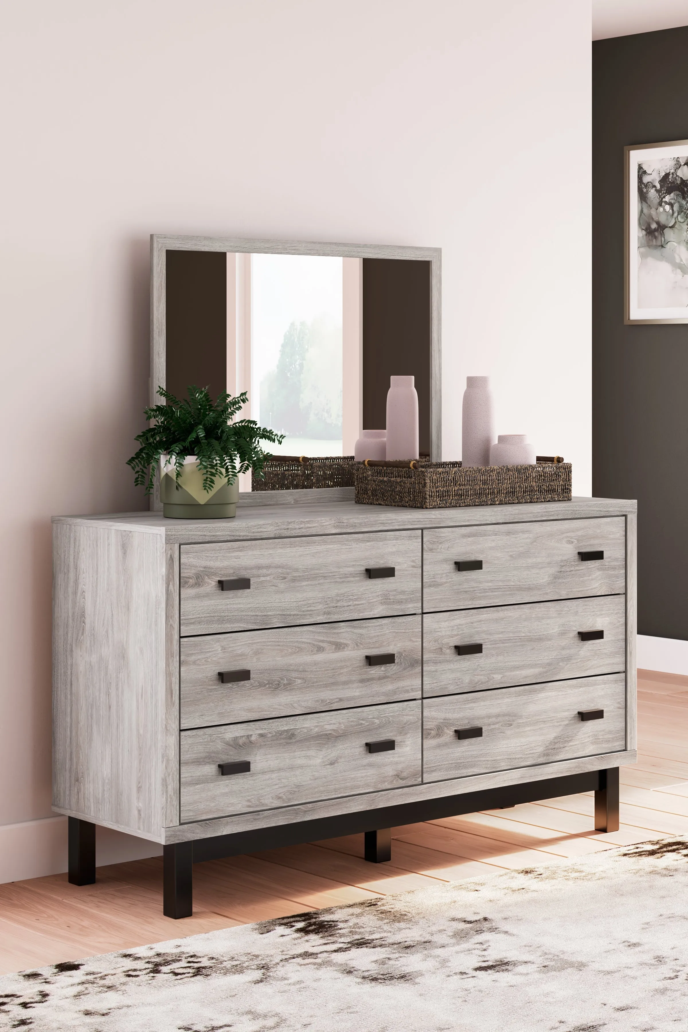 Vessalli King Panel Bed with Mirrored Dresser and 2 Nightstands in Gray