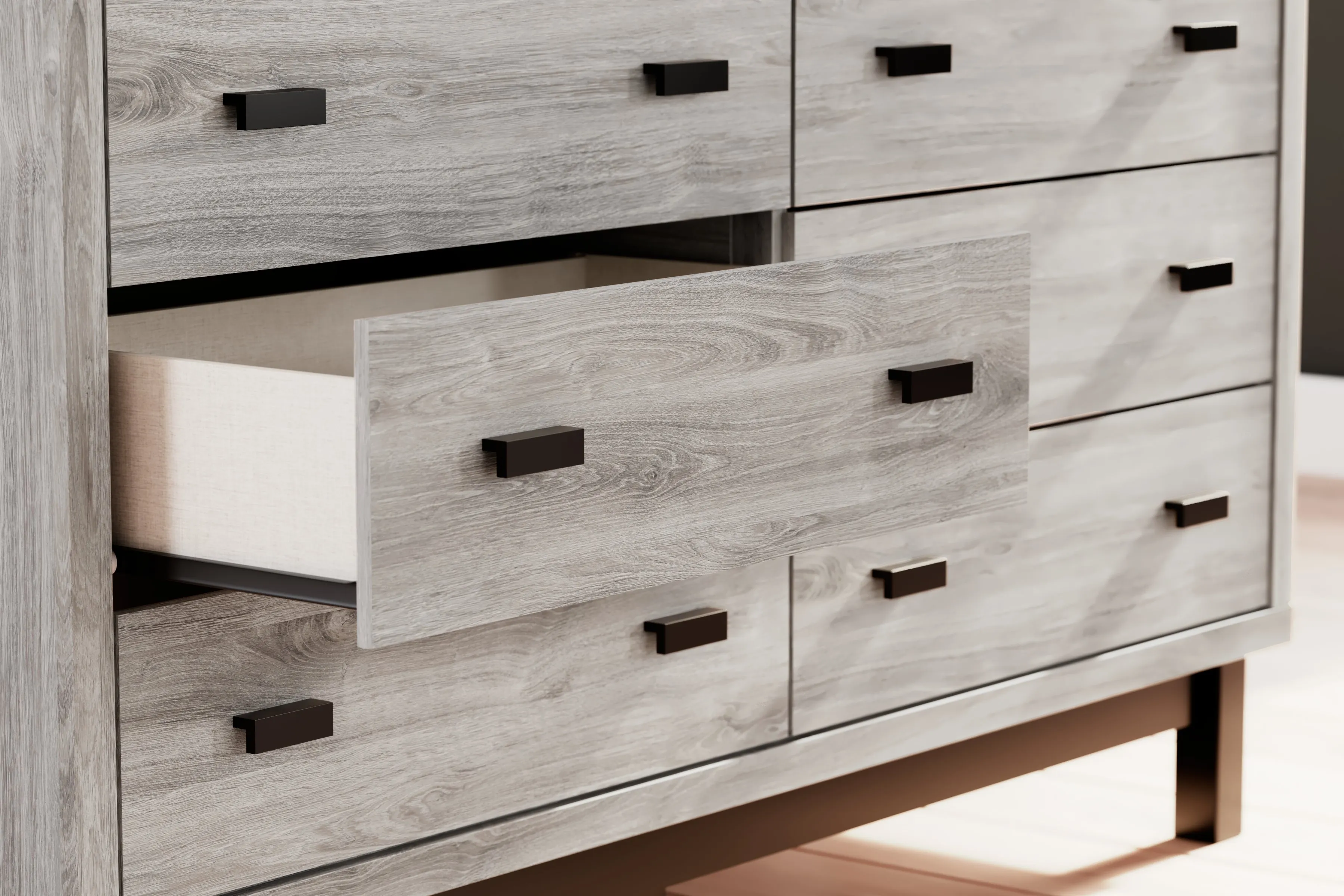 Vessalli King Panel Bed with Mirrored Dresser and 2 Nightstands in Gray