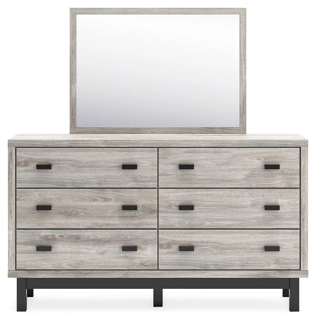 Vessalli King Panel Bed with Mirrored Dresser and 2 Nightstands in Gray