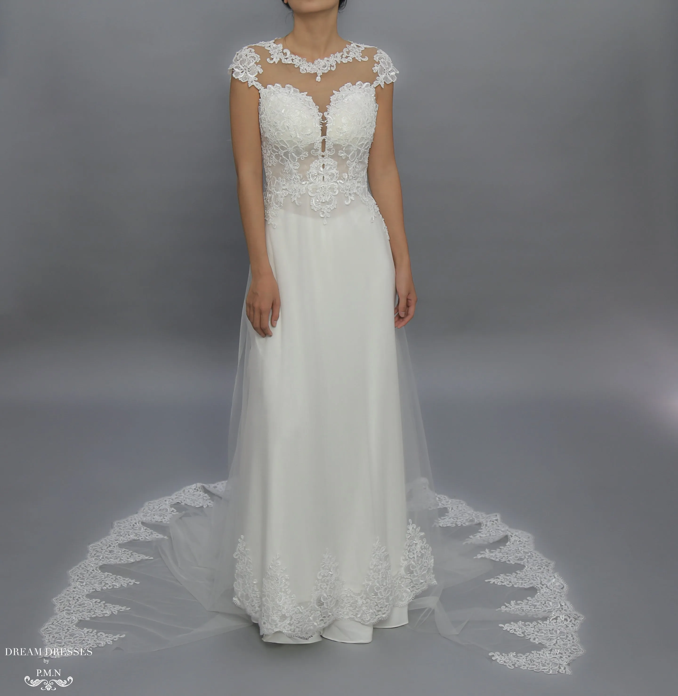 White Bridal Ao Dai | Modern Vietnamese Lace Bridal Dress (#JENY)