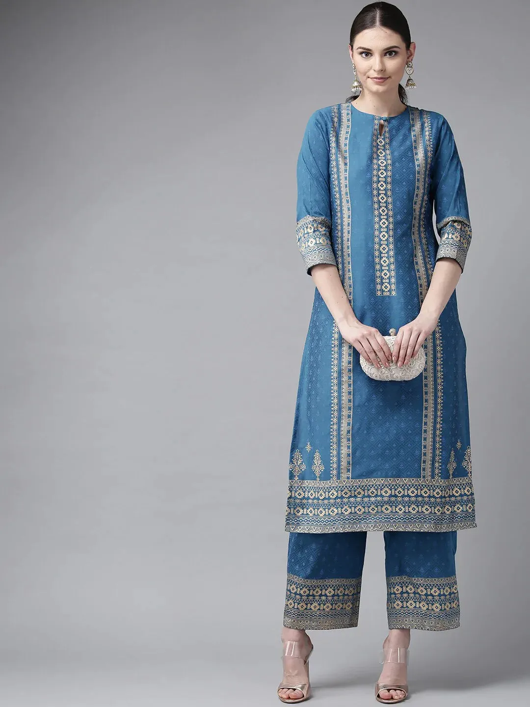 Women'S Blue & Golden Block Print Kurta With Palazzos