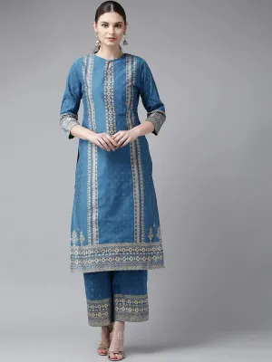 Women'S Blue & Golden Block Print Kurta With Palazzos
