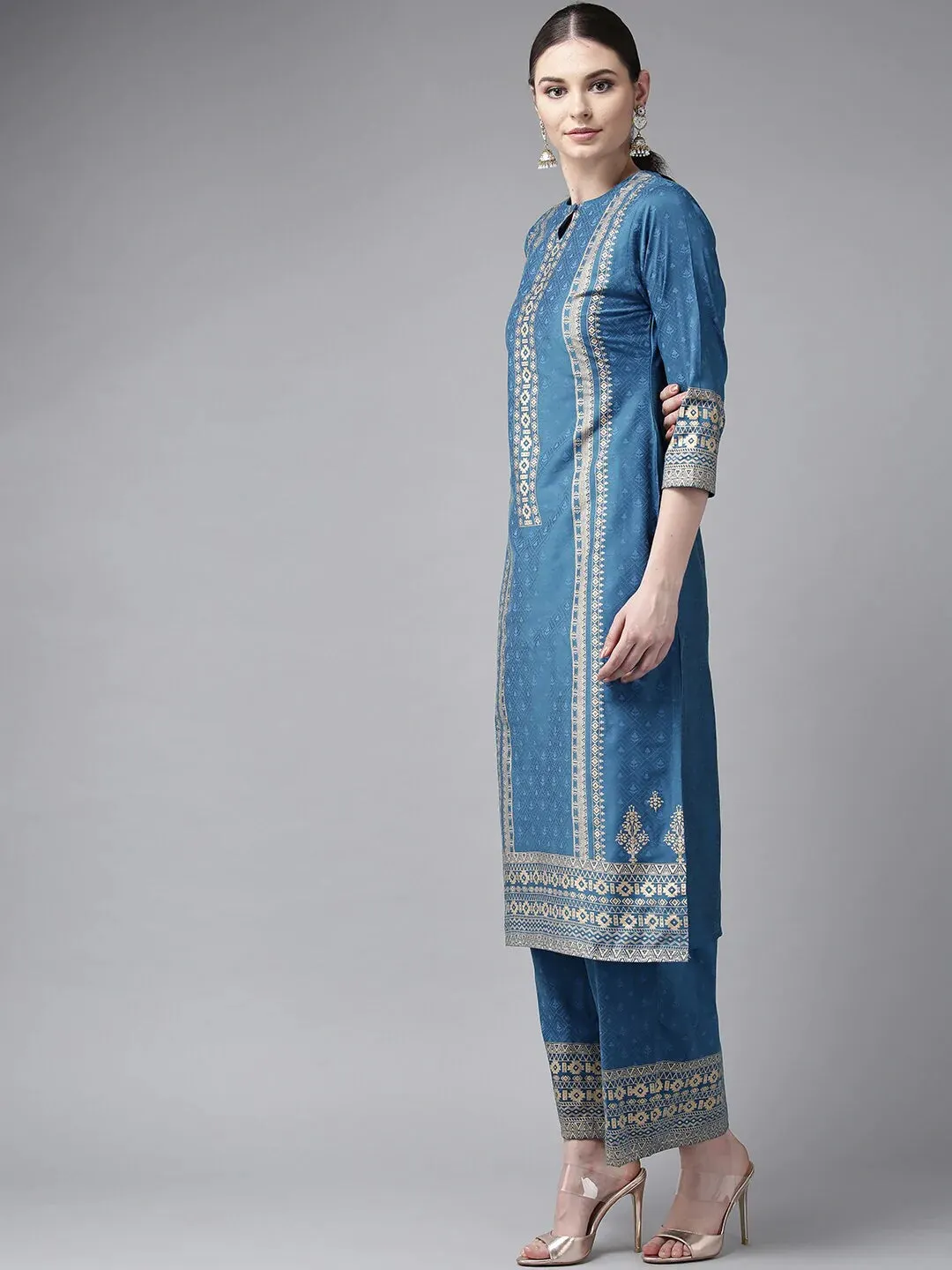 Women'S Blue & Golden Block Print Kurta With Palazzos