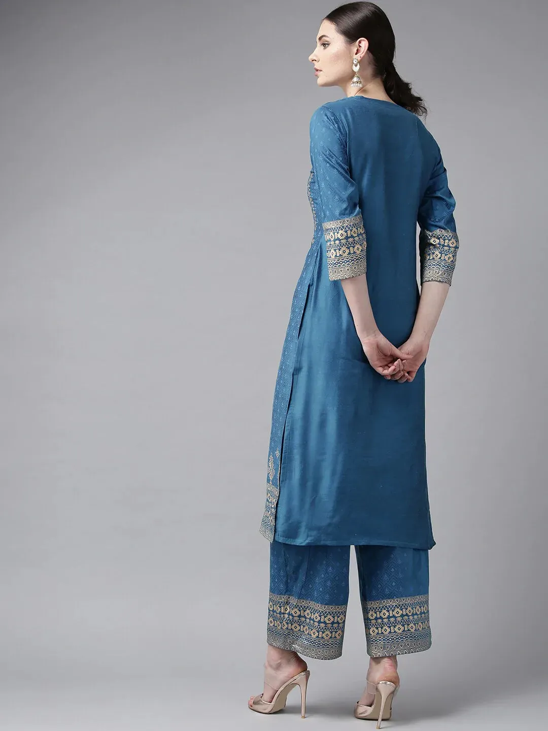 Women'S Blue & Golden Block Print Kurta With Palazzos
